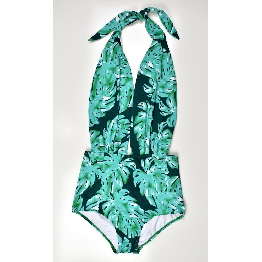 Cocoship Retro One Piece Palm Print Swimsuit Large